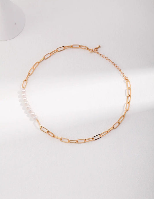 Paperclip Chain Pearl Bead Necklace-0