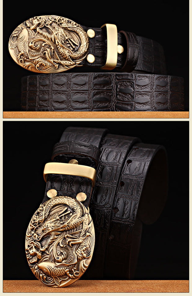 Pattern Smooth Buckle Head Layer Belt Young Middle-aged Casual High-end Retro Trend - Memoriex 