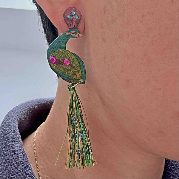 Peacock Tassel Calabash (Totumo) Earrings-0