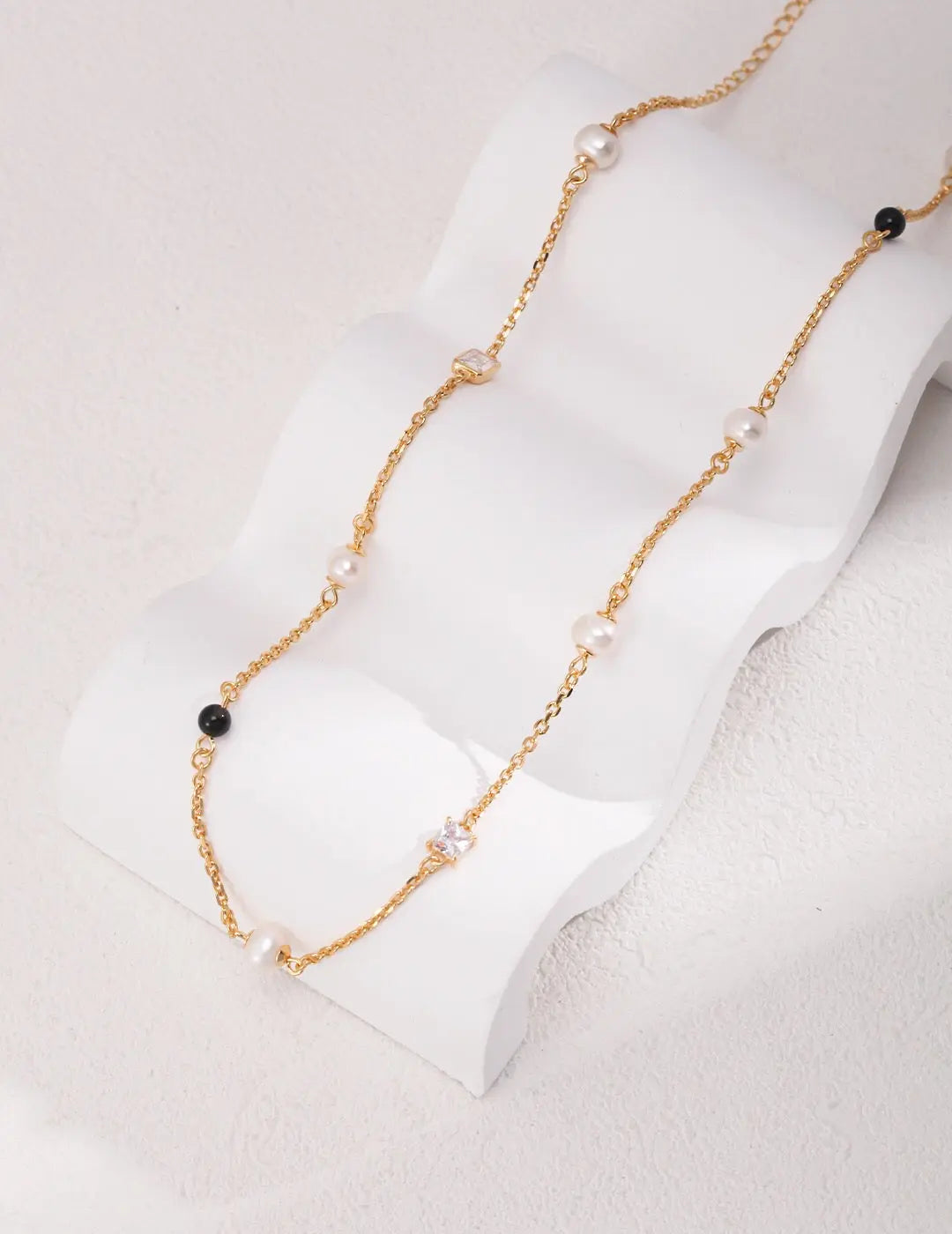 Pearl Black Onyx Cubic Zirconia Chain Necklace-1