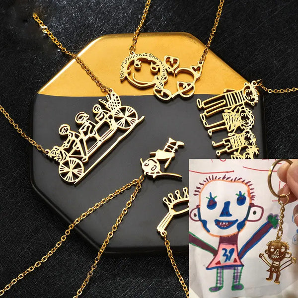Personalised Kids Drawing Necklace | Custom Children's Artwork Pendant | Titanium Steel Family Gift - Memoriex