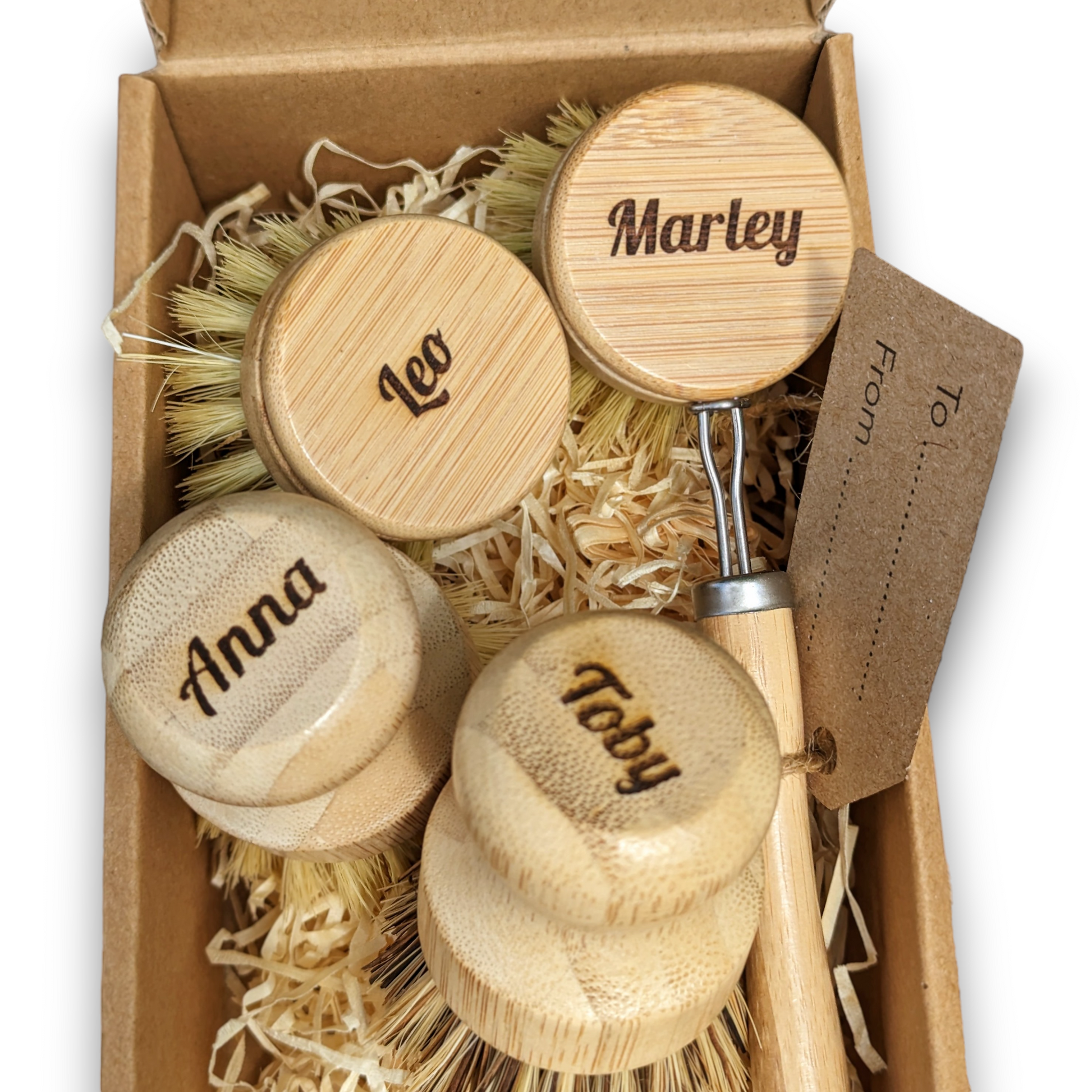 Personalised Dish Brush Gift Set | Customised Natural Sustainable Bamboo & Plant Based Kitchen Washing Up Brushes-0