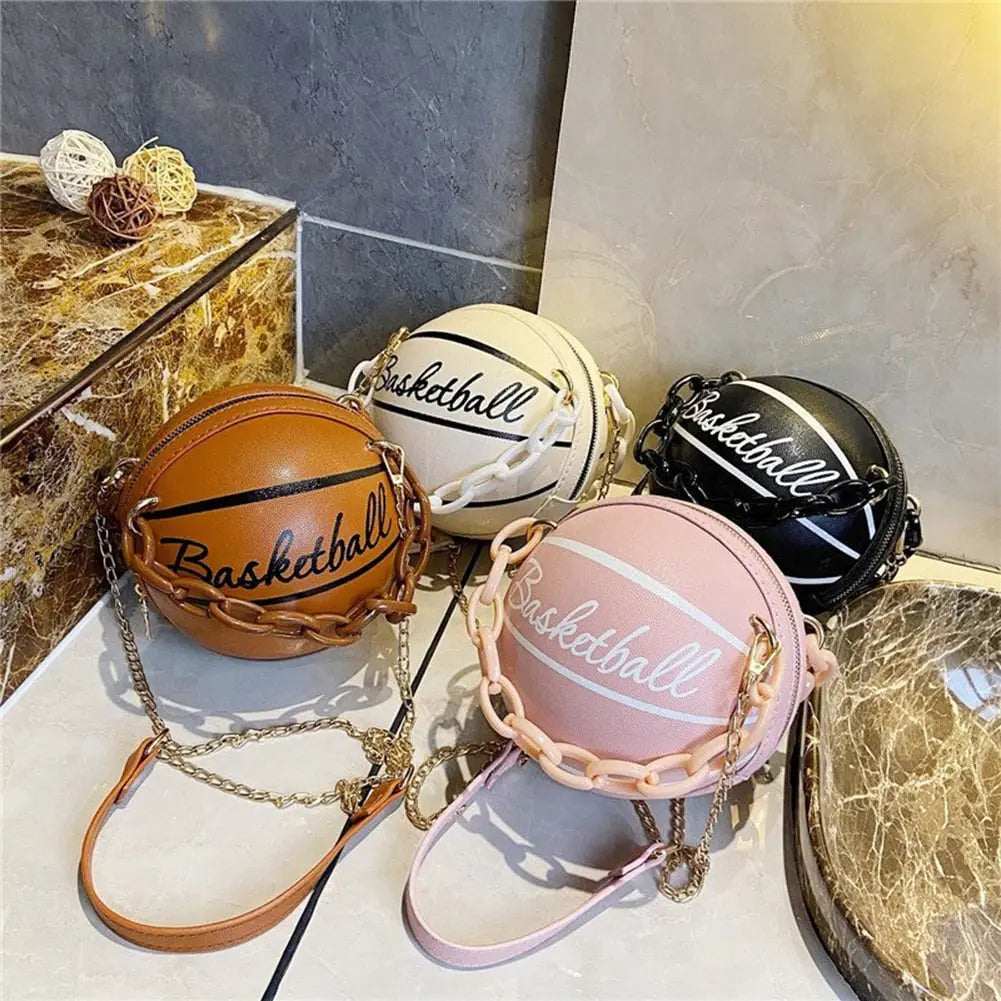 Personality female leather pink basketball bag new ball purses for teenagers women shoulder bags crossbody chain hand bags - Memoriex 