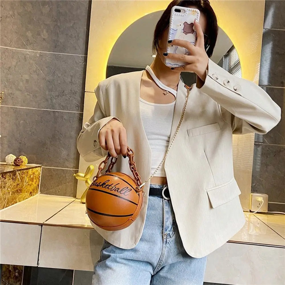 Personality female leather pink basketball bag new ball purses for teenagers women shoulder bags crossbody chain hand bags - Memoriex 