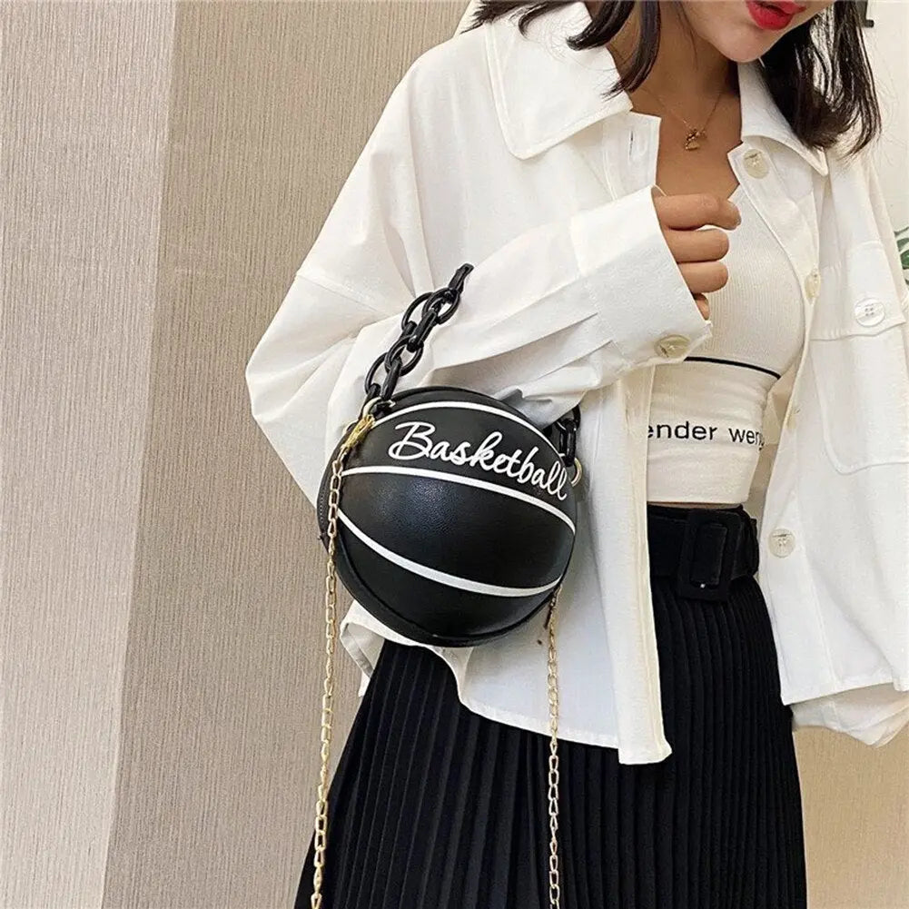 Personality female leather pink basketball bag new ball purses for teenagers women shoulder bags crossbody chain hand bags - Memoriex 