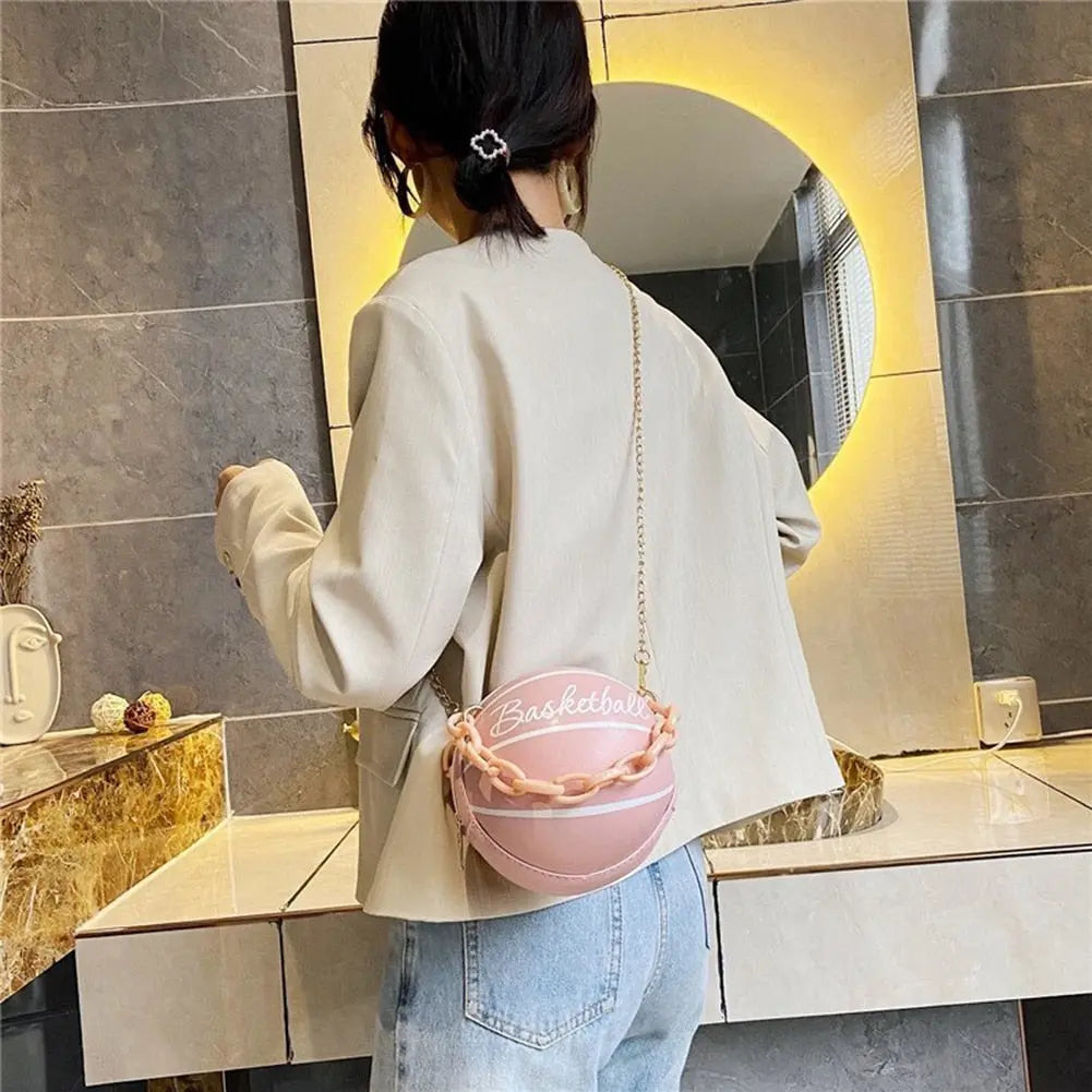 Personality female leather pink basketball bag new ball purses for teenagers women shoulder bags crossbody chain hand bags - Memoriex 