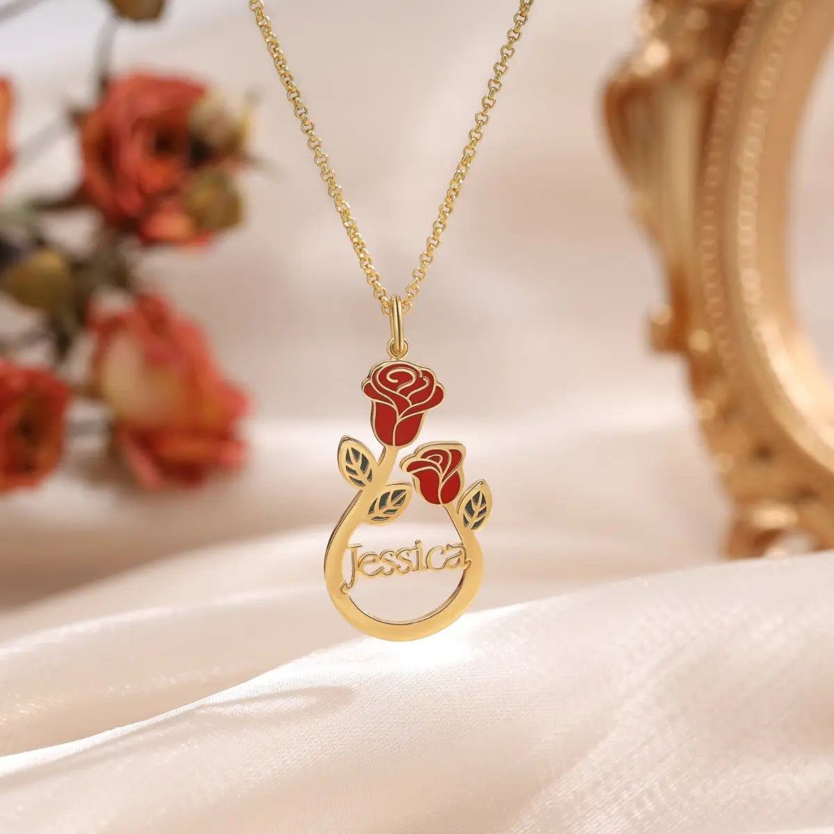 Personalized Stainless Steel Rose Flower Name Necklace-3