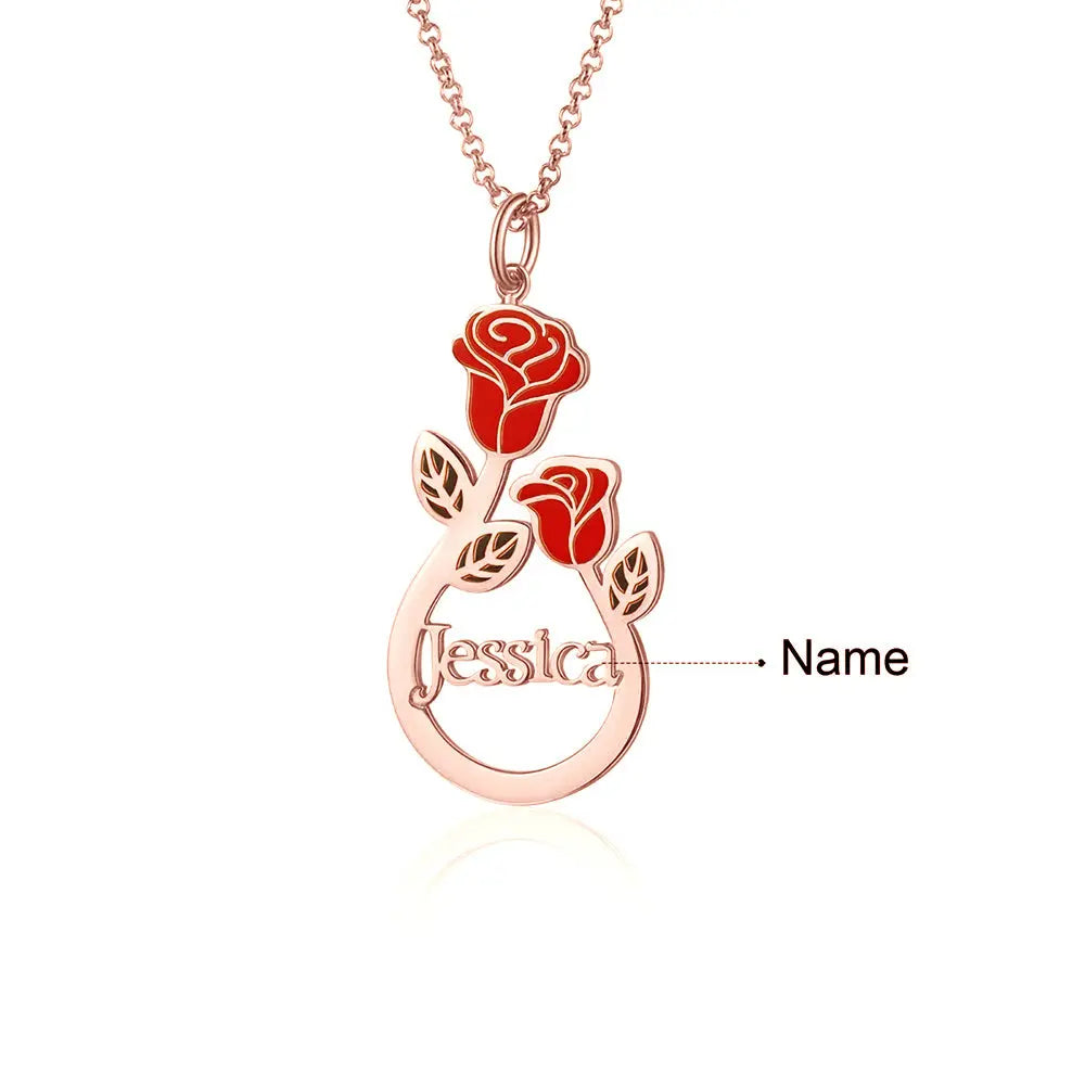 Personalized Stainless Steel Rose Flower Name Necklace-7