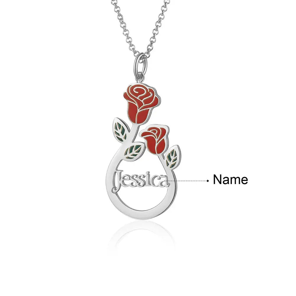 Personalized Stainless Steel Rose Flower Name Necklace-8