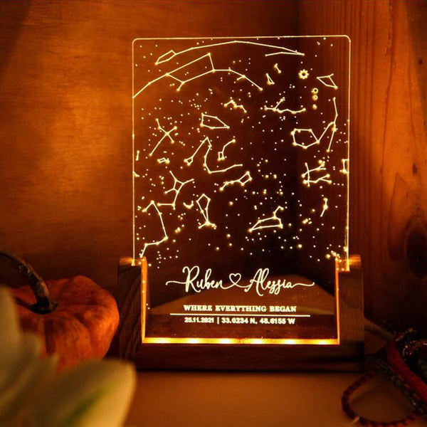 Personalized Star Map Night Light Engraved Name Birthday Photo Frame Wooden Base - Memoriex 