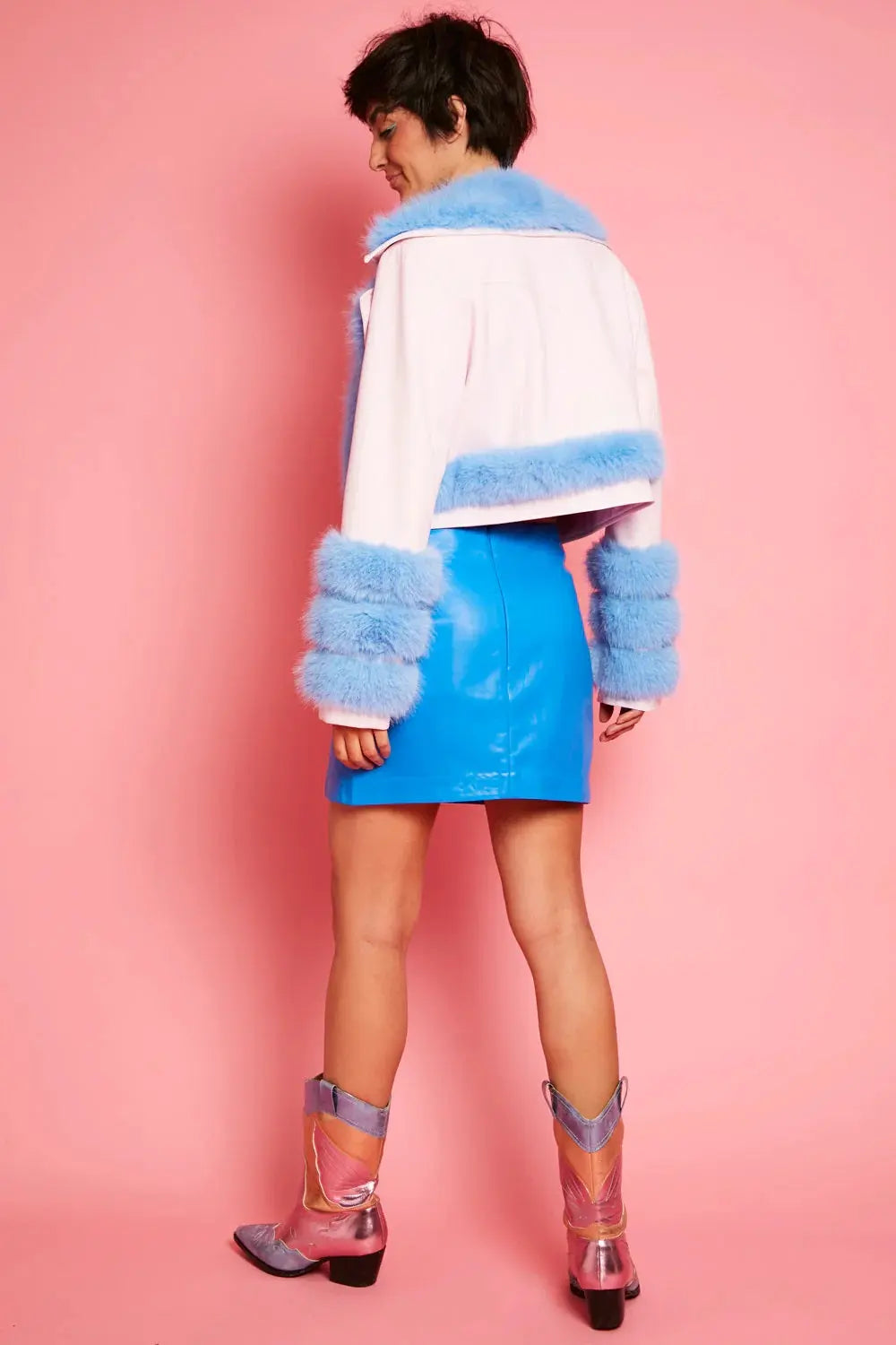 Pink Blue Faux Leather Faux Fur Biker Jacket-3