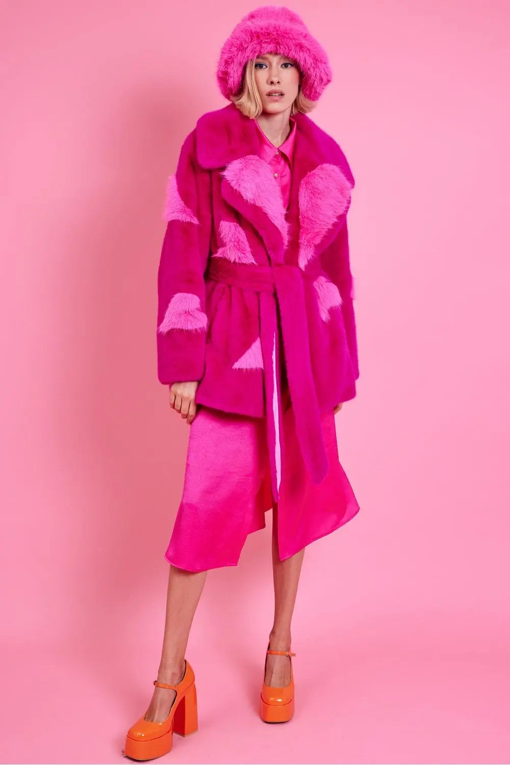 Pink Eco Bamboo Faux Fur Coat with Love Heart Detailing-3