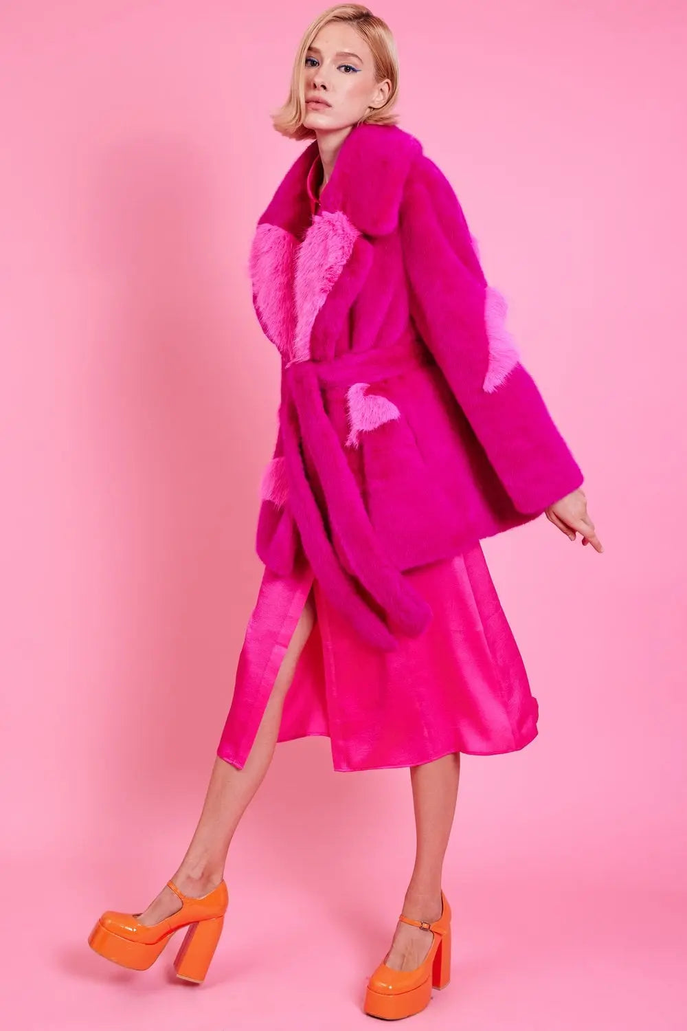 Pink Eco Bamboo Faux Fur Coat with Love Heart Detailing-5