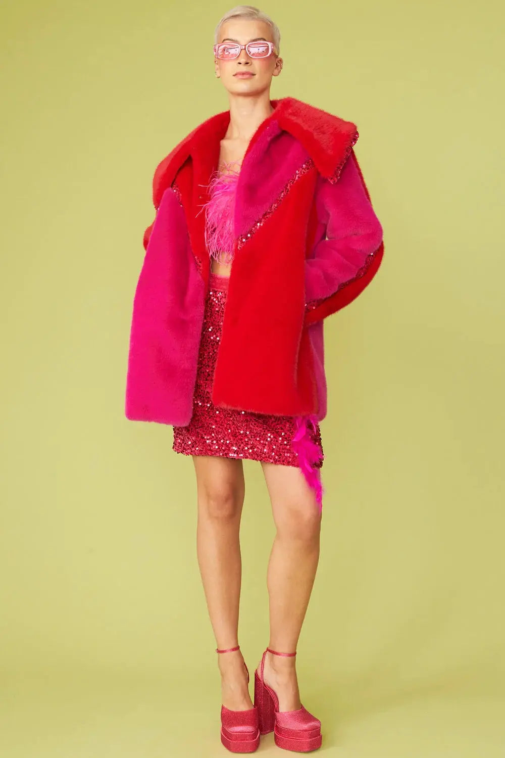 Pink Eco Faux Fur Midi Sequins Star Coat-1