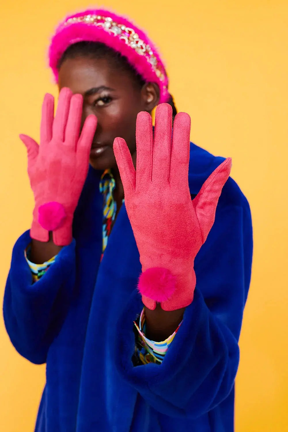 Pink Faux Suede Gloves With Faux Fur Pom-0