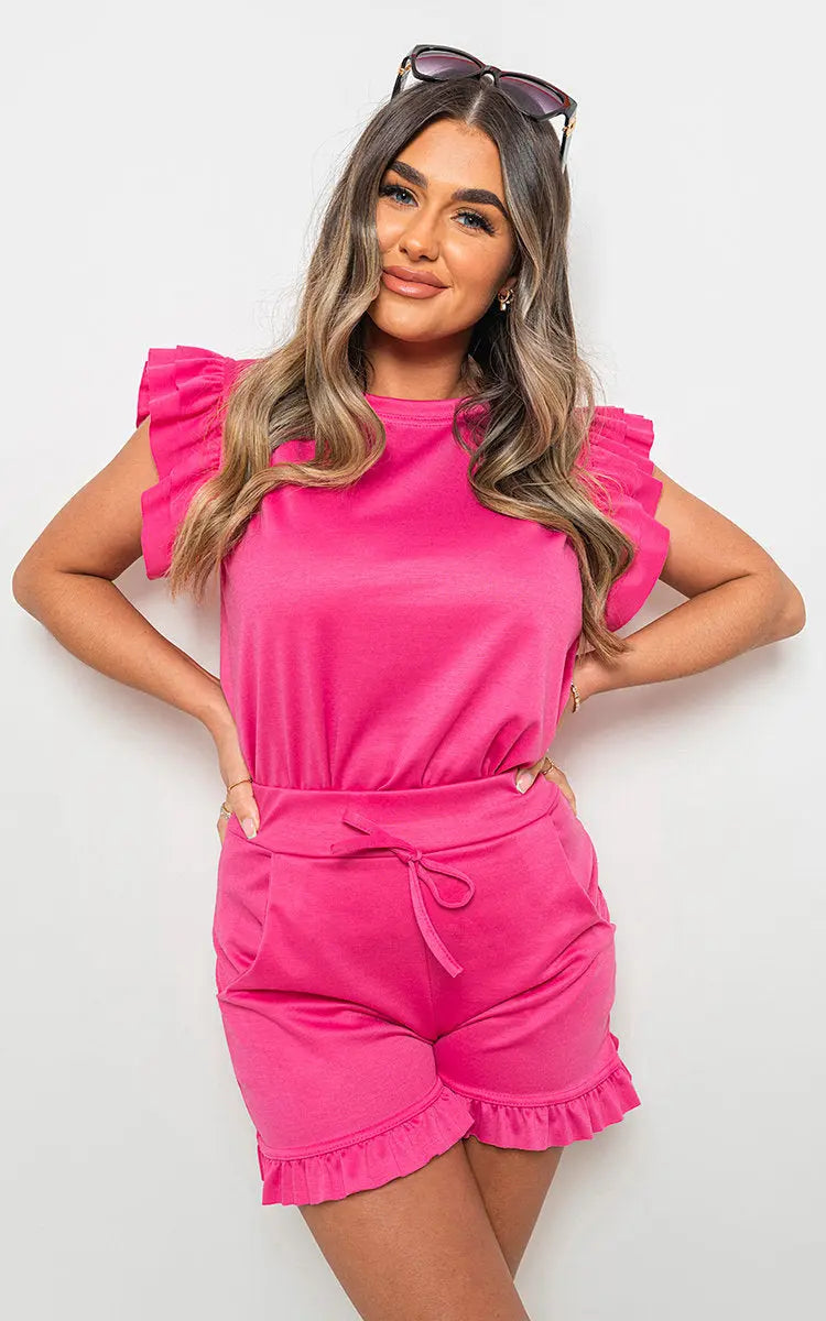 Plain Frill Peplum Sleeve Top Shorts Co-ord Set-14