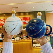 Planet Mug Ceramic Coffee Cup With Lid Spoon - Memoriex 