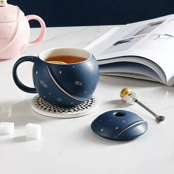 Planet Mug Ceramic Coffee Cup With Lid Spoon - Memoriex 