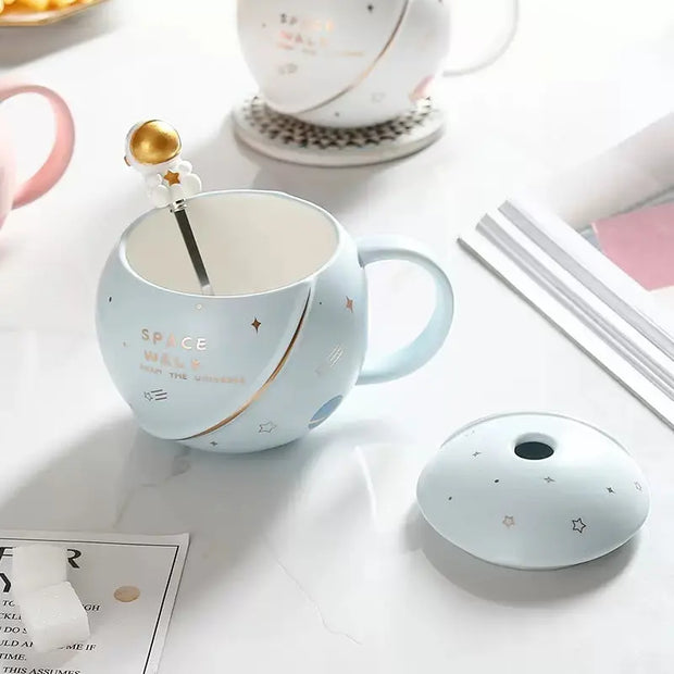 Planet Mug Ceramic Coffee Cup With Lid Spoon - Memoriex 