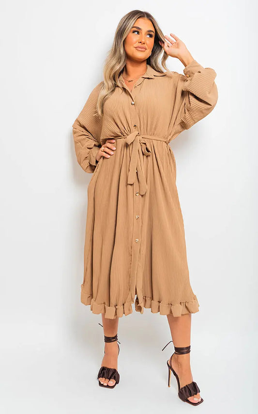 Pleated Frill Button Tie Waist Midi Dress - Memoriex 