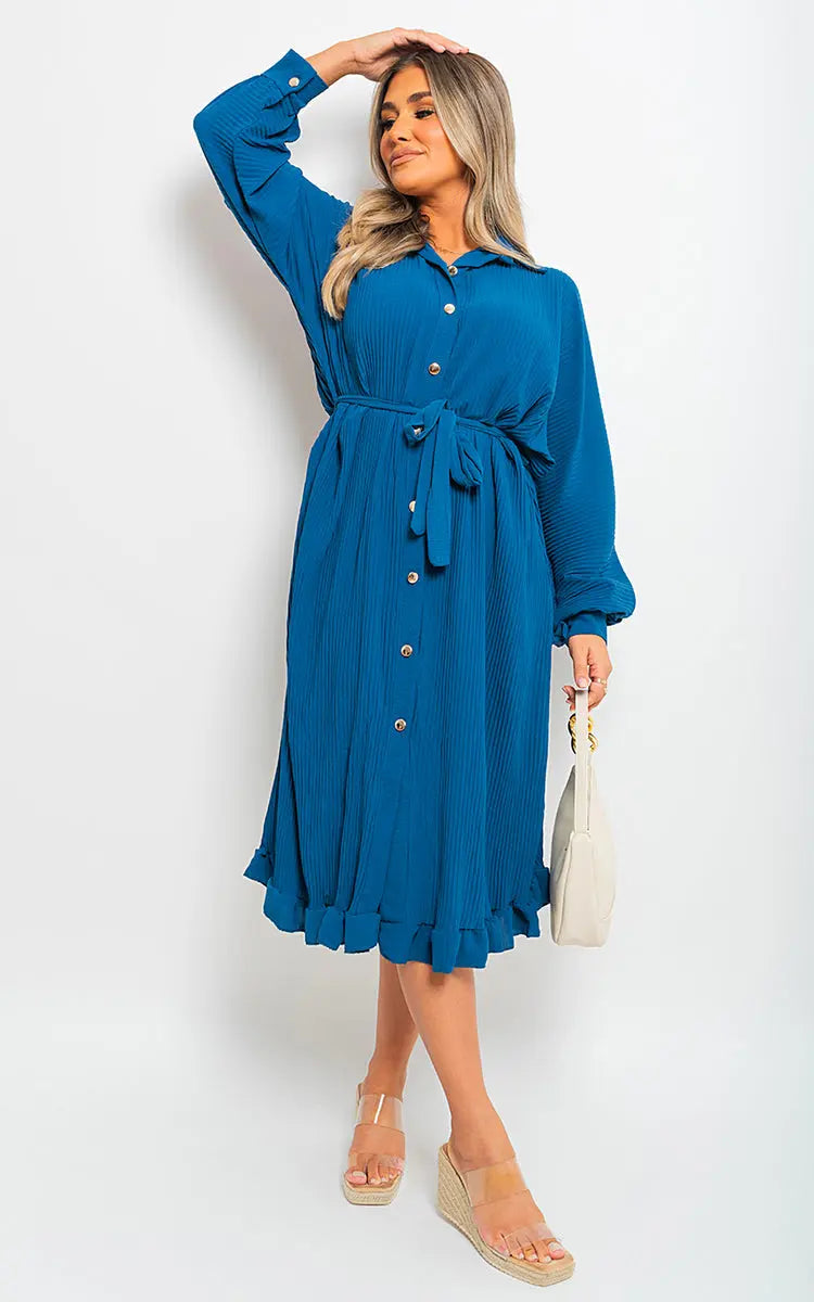 Pleated Frill Button Tie Waist Midi Dress - Memoriex 