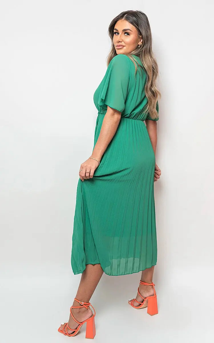 Pleated Wrap Front  Maxi Dress-4