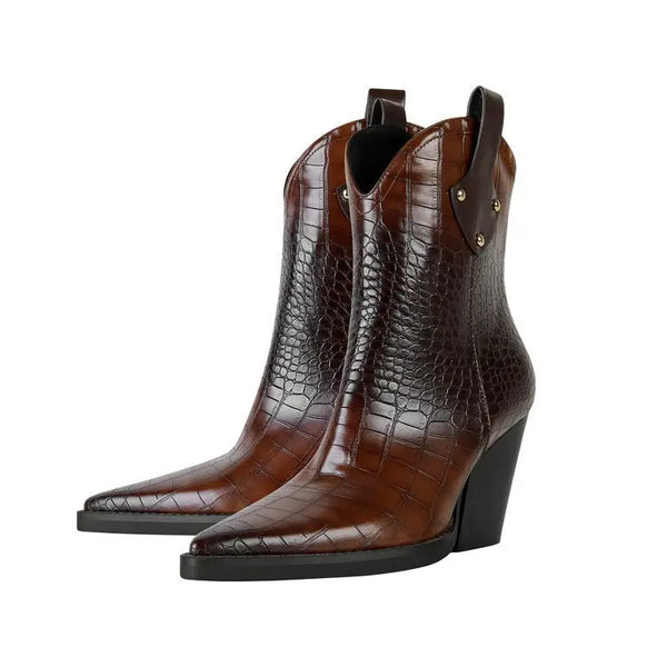 Pointed thick heeled sloping western short boots - Memoriex 