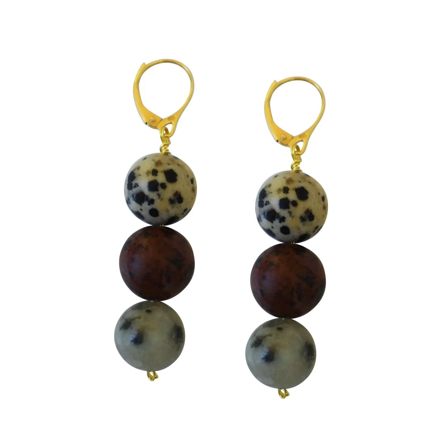 Poppy, Dalmatian & Sesame Jasper Yellow gold vermeil or 9k or 18k gold earrings-2