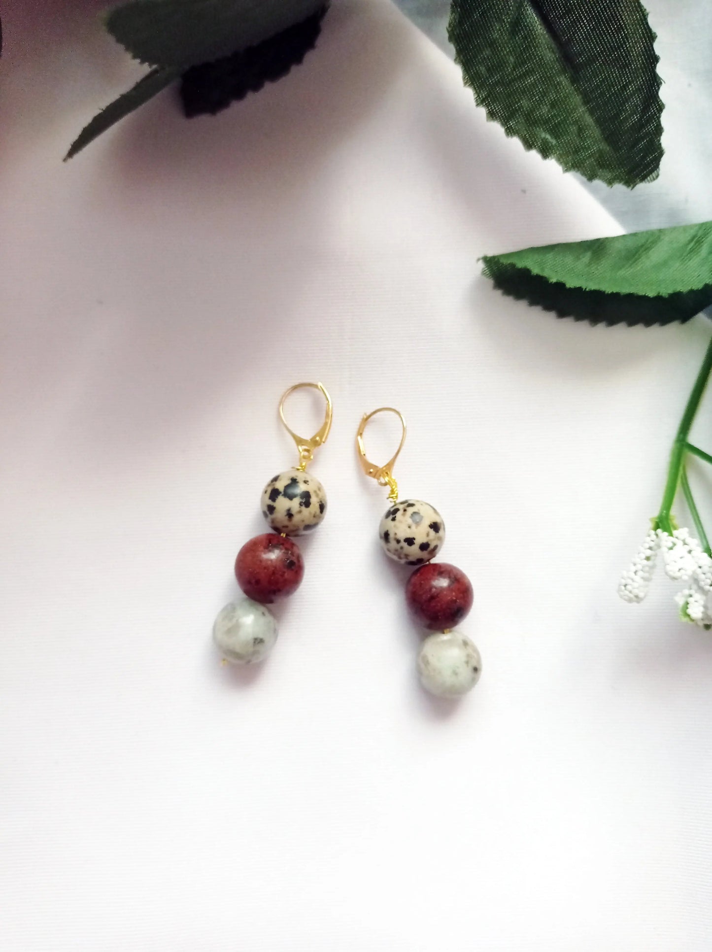 Poppy, Dalmatian & Sesame Jasper Yellow gold vermeil or 9k or 18k gold earrings-3