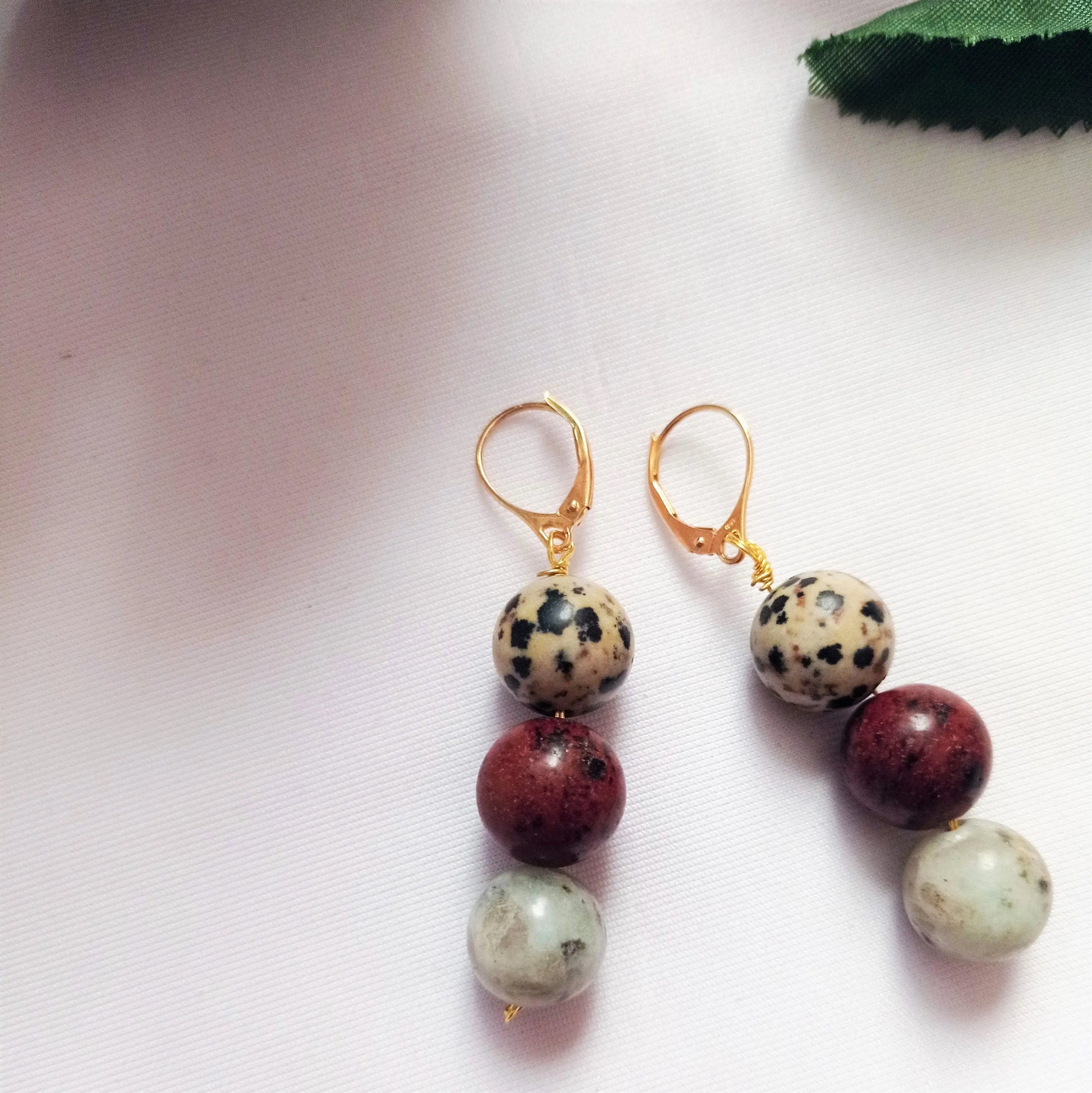 Poppy, Dalmatian & Sesame Jasper Yellow gold vermeil or 9k or 18k gold earrings-4