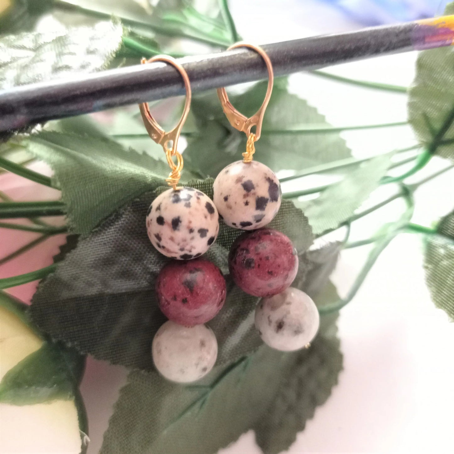 Poppy, Dalmatian & Sesame Jasper Yellow gold vermeil or 9k or 18k gold earrings-5