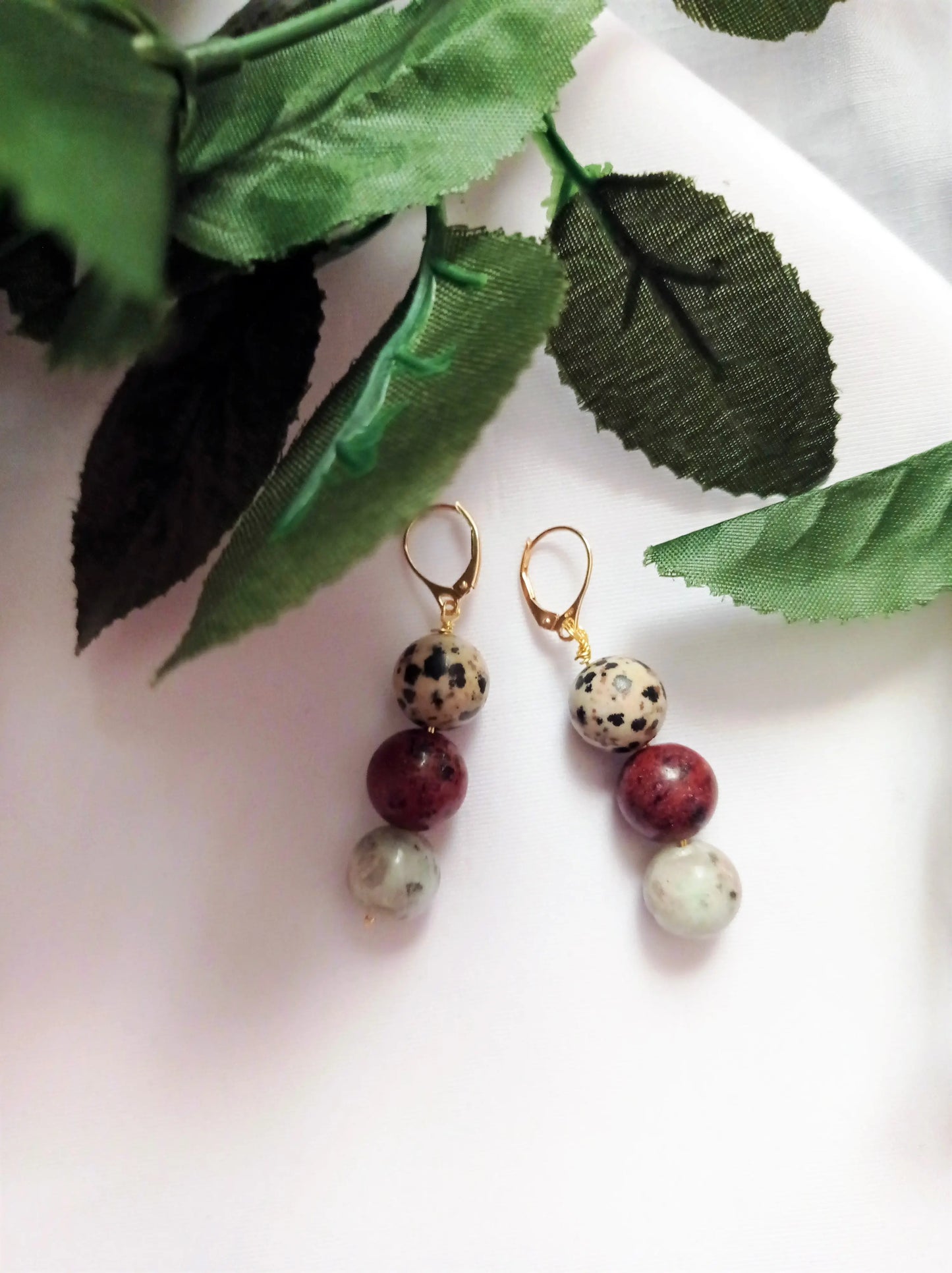 Poppy, Dalmatian & Sesame Jasper Yellow gold vermeil or 9k or 18k gold earrings-6