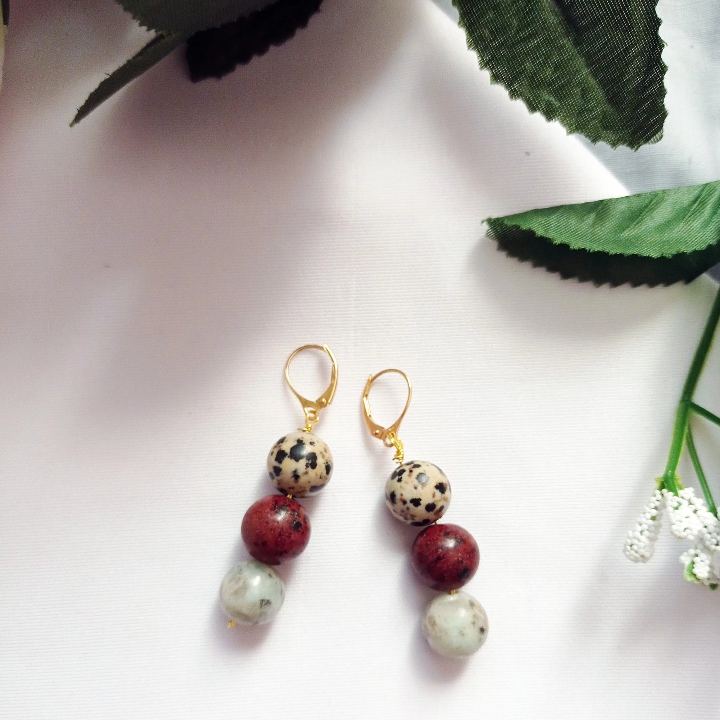 Poppy, Dalmatian & Sesame Jasper Yellow gold vermeil or 9k or 18k gold earrings-7