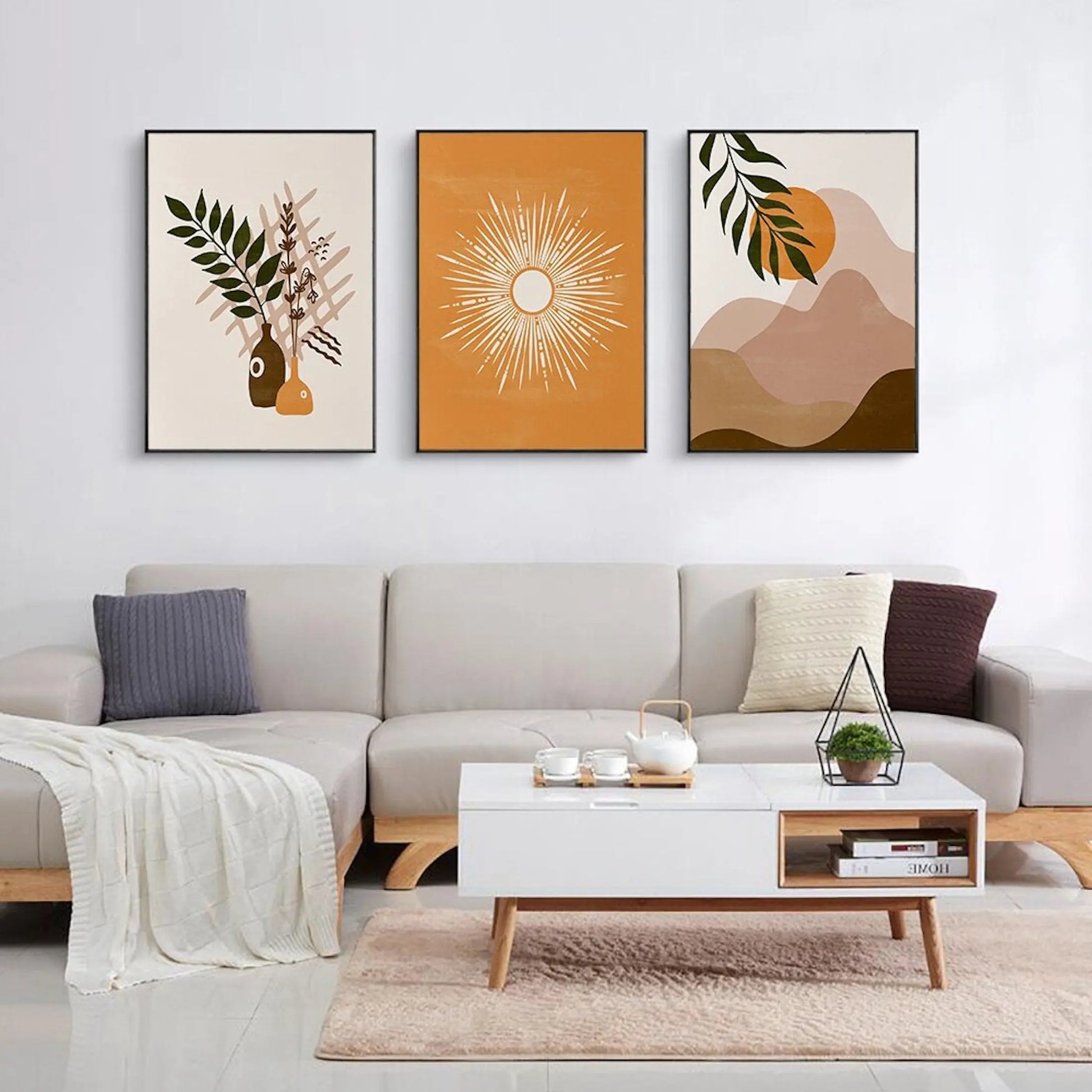 Poster Boho Abtrakt Sonne Berge und Pflanzen im Blumetopf als Deko Print ohne Rahmen-0