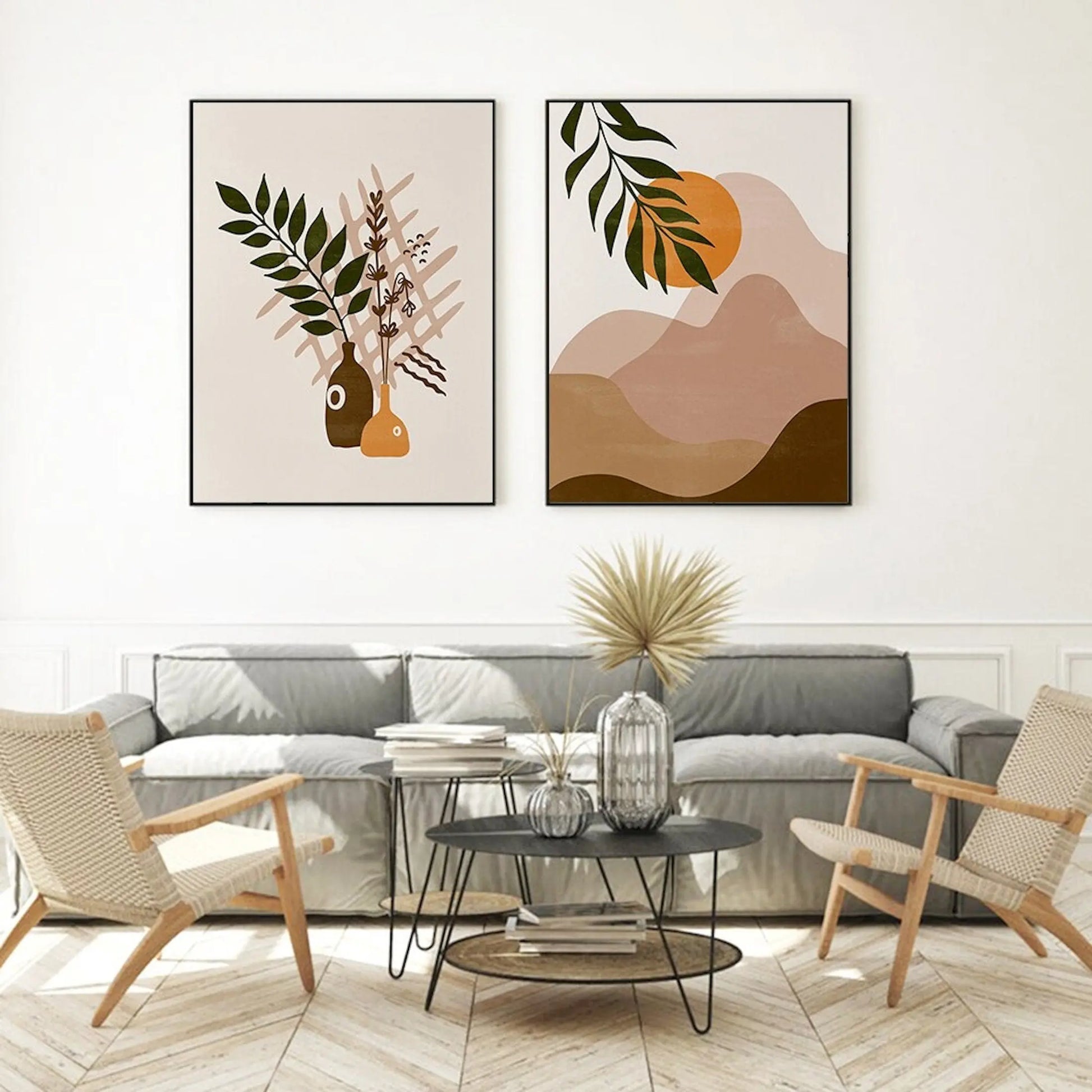 Poster Boho Abtrakt Sonne Berge und Pflanzen im Blumetopf als Deko Print ohne Rahmen-2