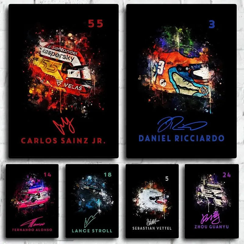 Poster Formel 1 Helm Aquarell Rennfahrer Name Unterschrift Rennnummer I Deko Print ohne Rahmen-0