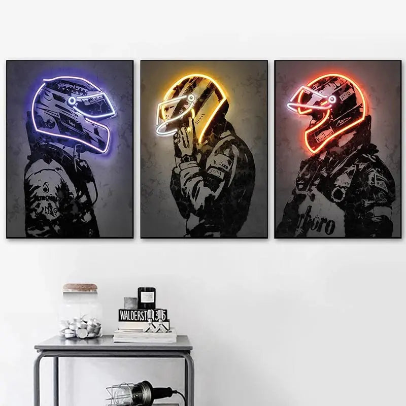 Poster Formula 1 racing driver with neon helmet as a decorative print without a frame-0