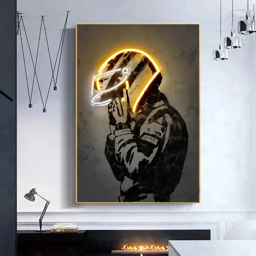 Poster Formula 1 racing driver with neon helmet as a decorative print without a frame-1