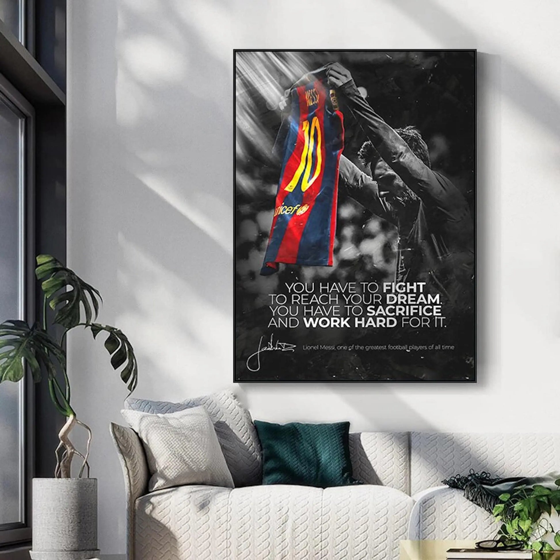 Poster Fußball Messi Fc Barcelona Nr.10 Rot Blau Trikot und Motivations Spruch als Deko Print ohne Rahmen-0