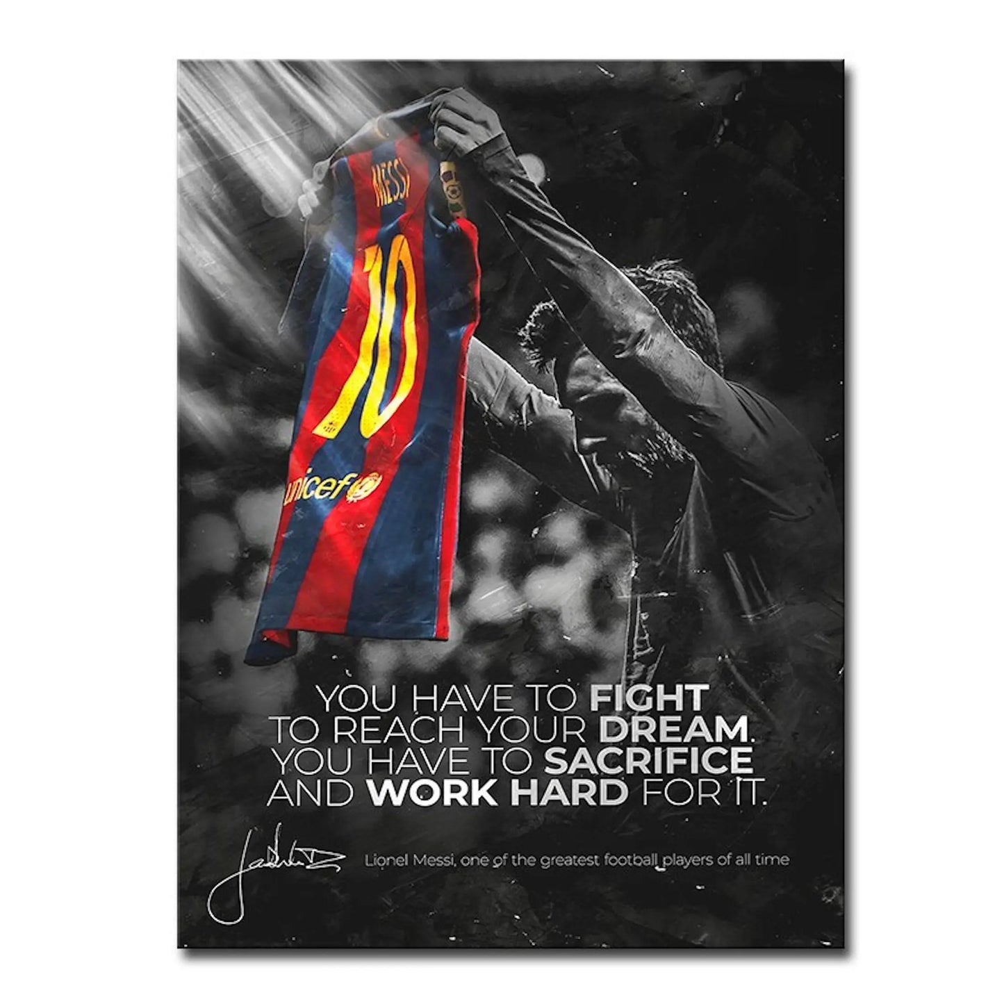 Poster Fußball Messi Fc Barcelona Nr.10 Rot Blau Trikot und Motivations Spruch als Deko Print ohne Rahmen-1