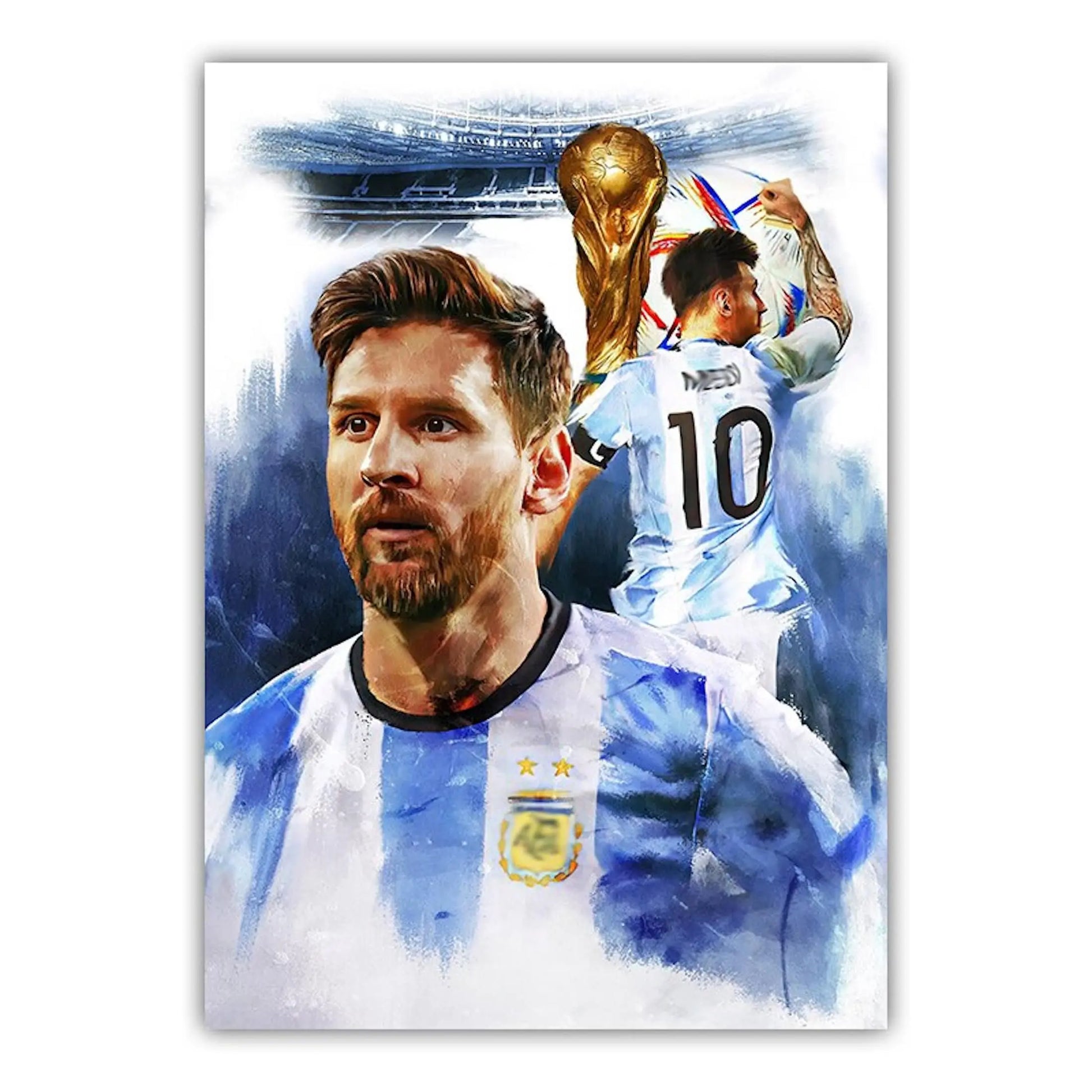 Poster Fußball Messi mit Sieger Pokal Weltmeisterschaft 2022 in Qatar mit Argentinien als Deko Print ohne Rahmen-2