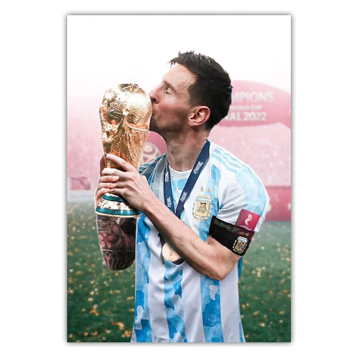 Poster Fußball Messi mit Sieger Pokal Weltmeisterschaft 2022 in Qatar mit Argentinien als Deko Print ohne Rahmen-3