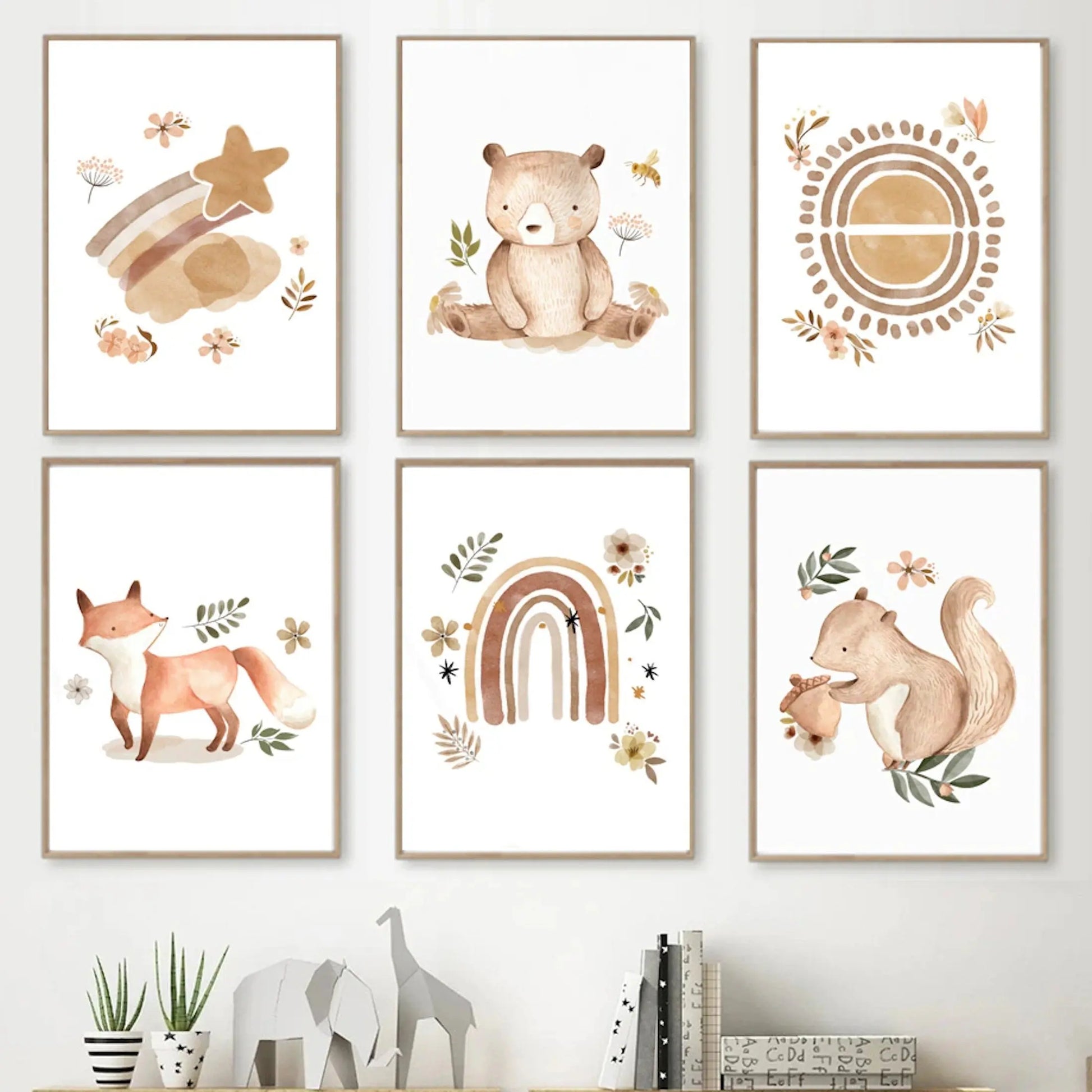 Poster Kinder Tiere Regenbogen Sternschnuppe Eichhörnchen Fuchs Igel Bär und Hase   als Deko Print ohne Rahmen-0