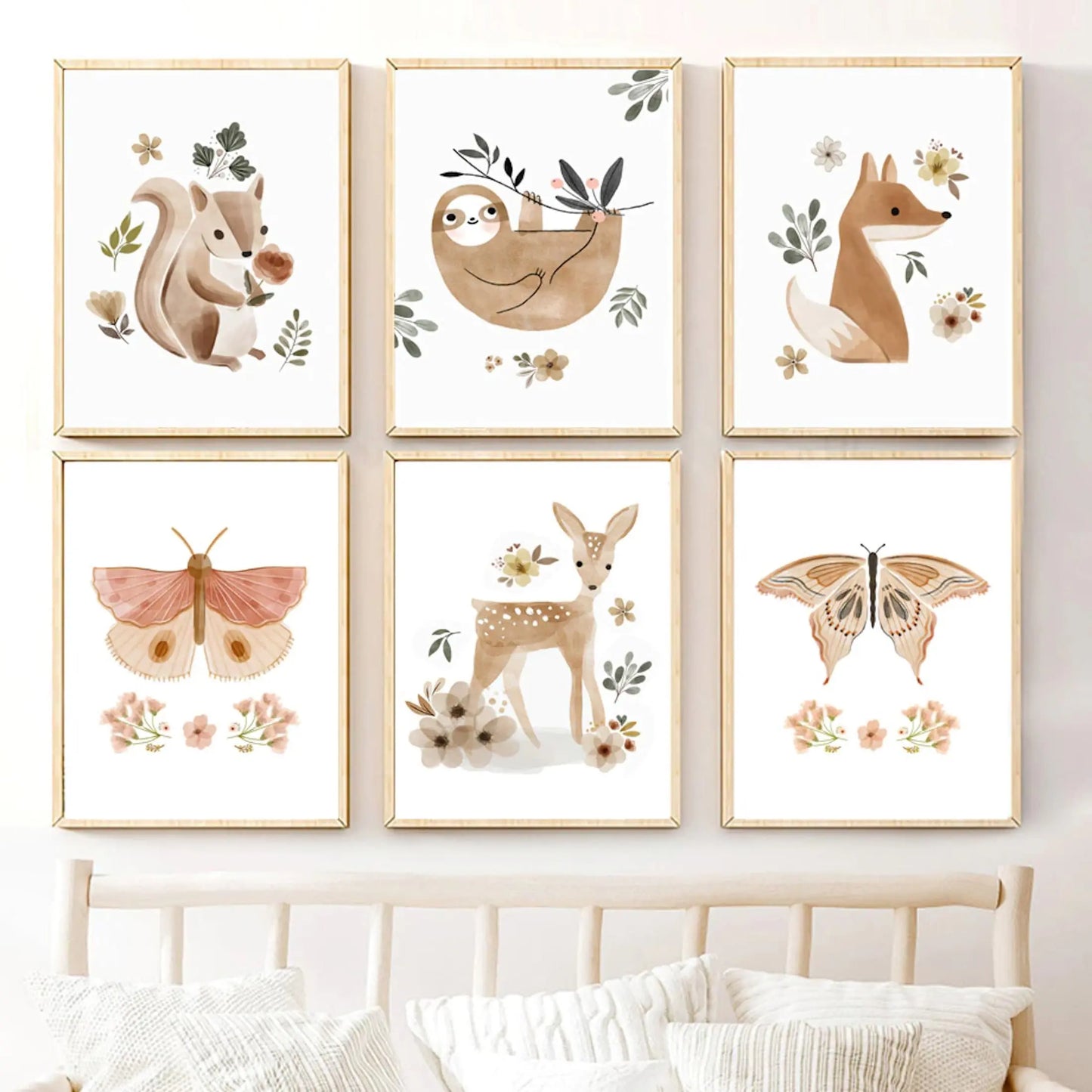 Poster Kinder Tiere Reh Eichhörnchen Fuchs Faultier und Schmetterlinge im Boho Stil als Deko Print ohne Rahmen-0