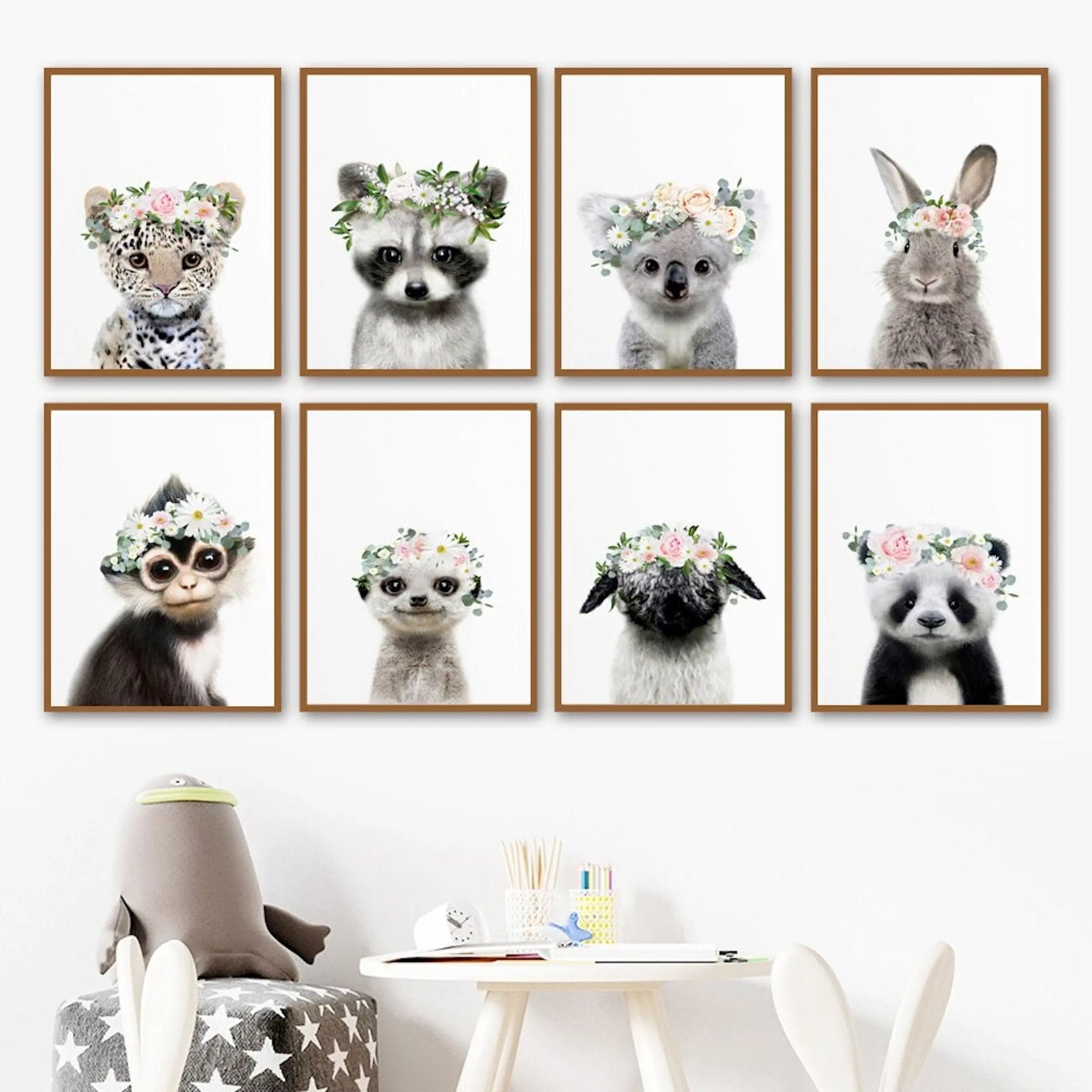 Poster Kinder Tiere mit Blumenkranz Hase Panda und Koala Bär als Deko Print ohne Rahmen-0