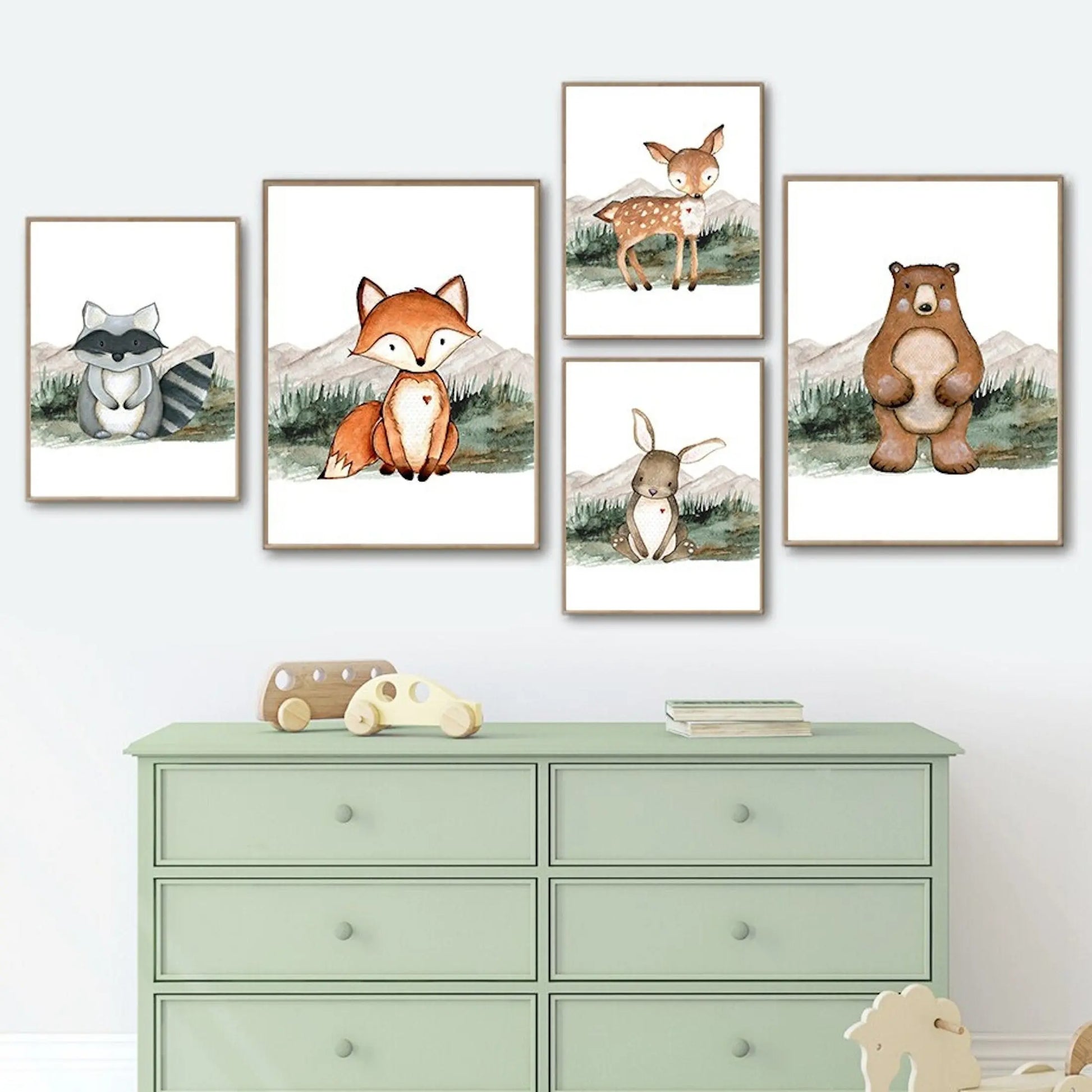 Poster Kinder Wald Tiere Fuchs Waschbär Reh Eule Fuchs Braunbär und Berge als Deko Print ohne Rahmen-0