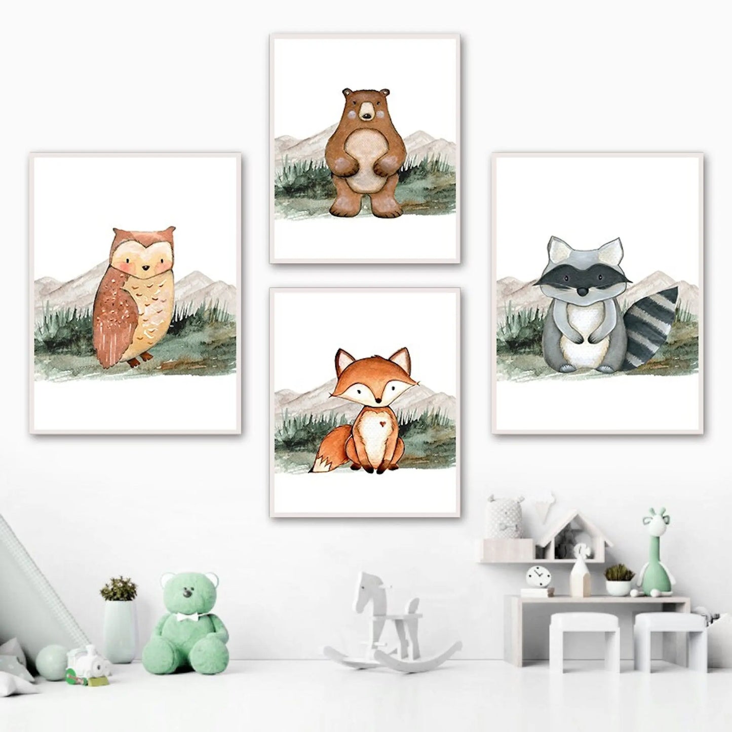 Poster Kinder Wald Tiere Fuchs Waschbär Reh Eule Fuchs Braunbär und Berge als Deko Print ohne Rahmen-2