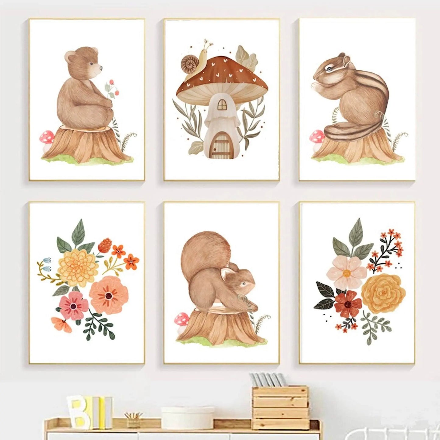 Poster Kinder süße Tiere im Boho Stil Bär Eichhörnchen Schnecke Pilzhaus und Blumen als Deko Print ohne Rahmen-0