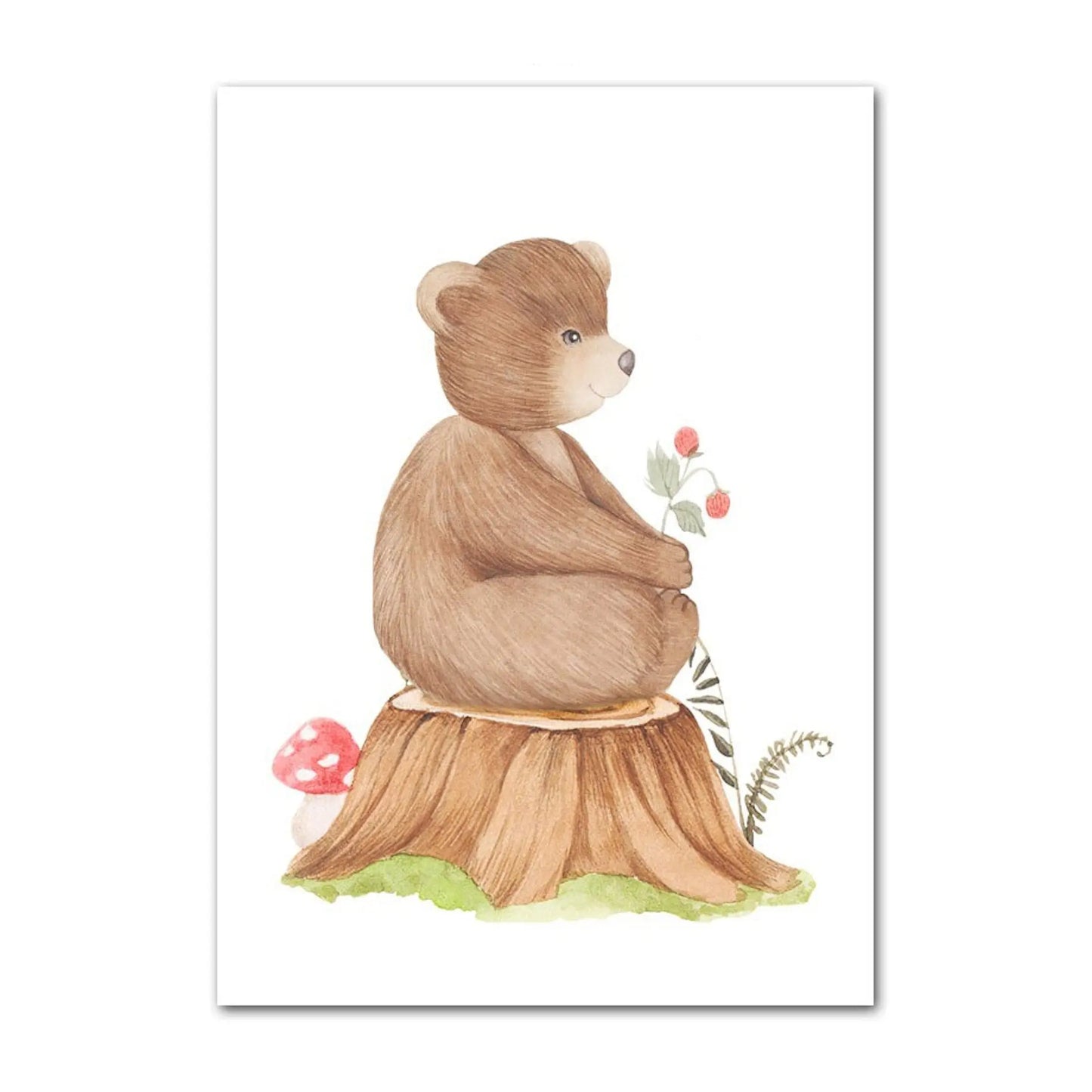 Poster Kinder süße Tiere im Boho Stil Bär Eichhörnchen Schnecke Pilzhaus und Blumen als Deko Print ohne Rahmen-1