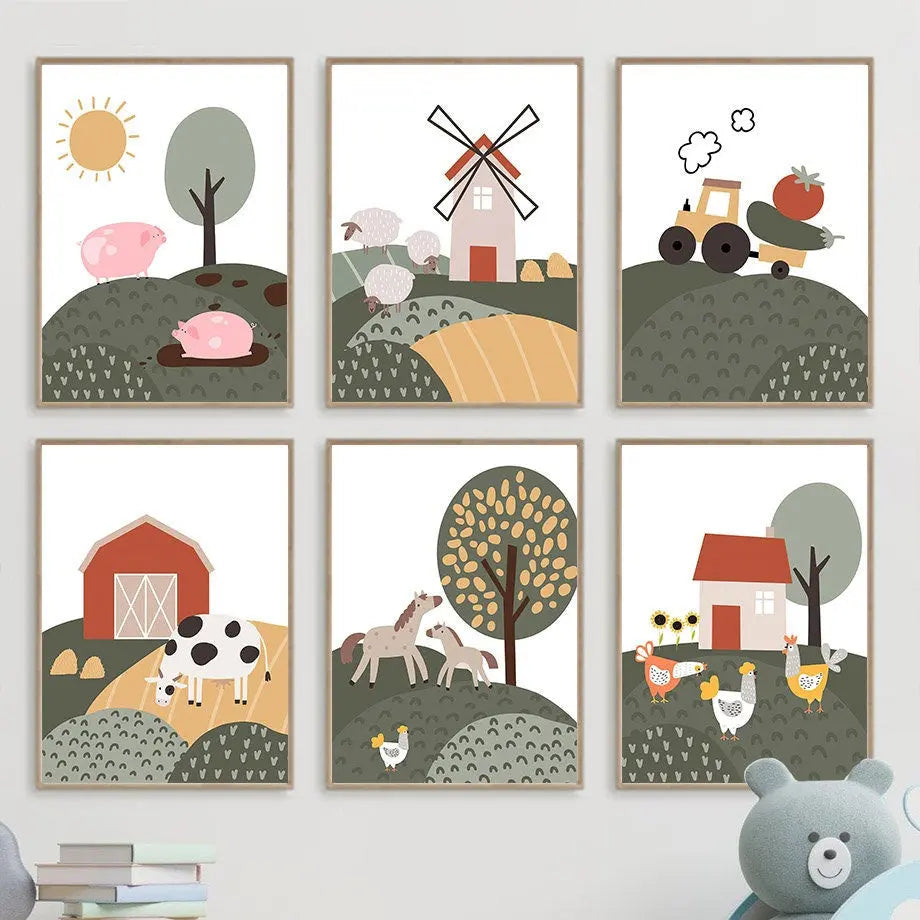 Poster Kinderzimmer Bauernhof Bauer Tiere Kuh Schwein Pferd Hahn I Kinderzimmer Bilder I Wand Deko I Kunst Druck I Deko Print I ohne Rahmen-0